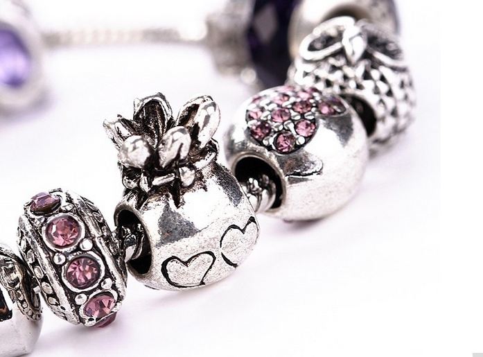 สร้อยข้อมือ Diy สไตล์ Pandora แต่ง ชาร์ม จี้เงิน ธีม หิมะ กวางเลนเดียร์ สลับคริสตัล สีชมพู สีม่วง ห้อยจี้หัวใจ คริสตัลแท้ สุดหรู ของขวัญให้แฟน 451313