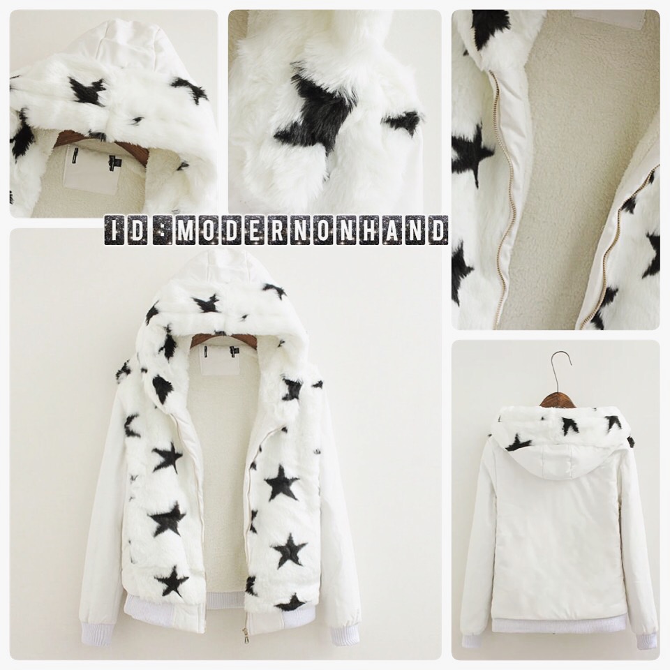 เสื้อกันหนาวแต่งขนลายดาว ติดหมวกฮูท แขนหนัง สวย อุ่น หรู มากๆคะ