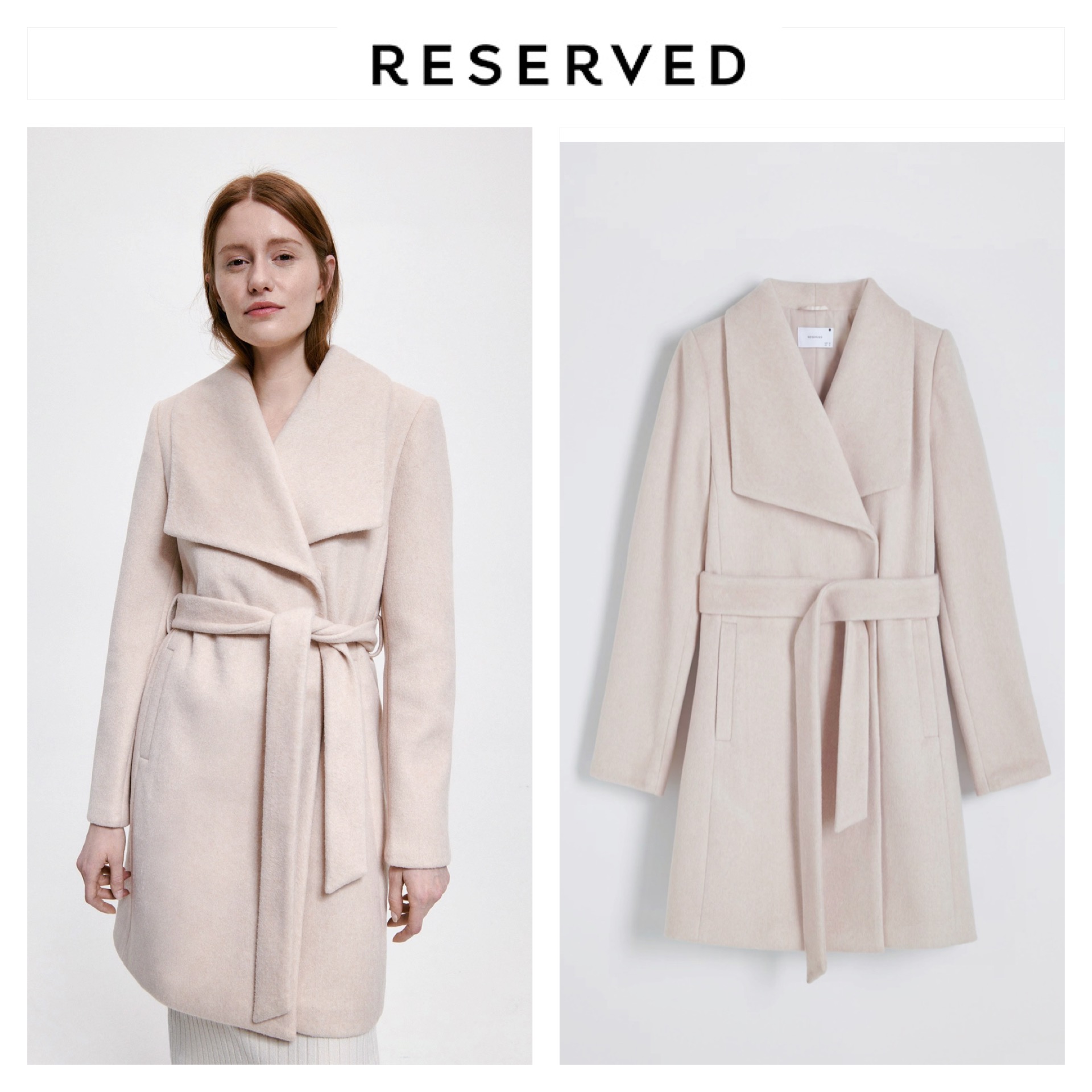 เสื้อโค้ท เสื้อกันหนาว เนื้อผ้าสักหลาดวูล สีเบจอ่อน แบรนด์ RESERVED