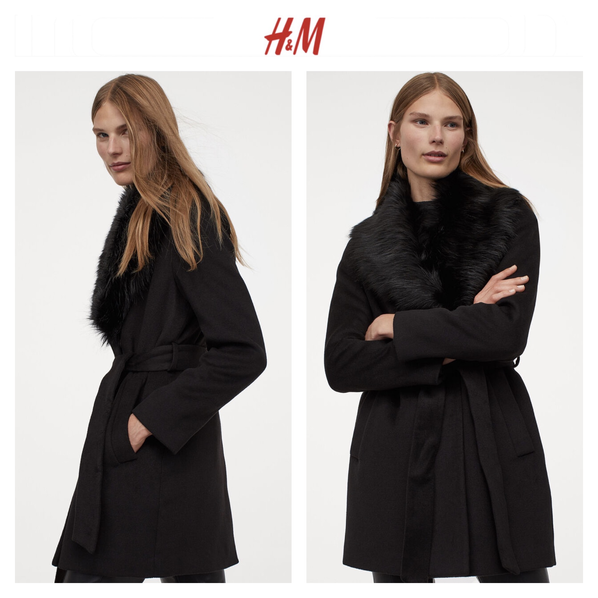 h&m เสื้อโค้ท เสื้อกันหนาว เนื้อผ้าสักหลาดวูล สีดำ แต่งปกเฟอร์(เฟอร์ถอดได้ค่ะ) แบรนด์ H&M