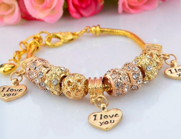 สร้อยข้อมือ Diy สไตล์ Pandora สร้อยข้อมือทอง ร้อย เม็ดบีด กลม สีทอง สลับ Rose Gold ฝังเพชร CZ คริสตัล ห้อย หัวใจ ของขวัญให้แฟน สุดหรู 706031