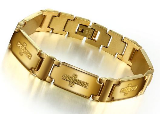 สร้อยข้อมือผู้ชาย สร้อยข้อมือทอง สร้อยข้อมือ 316L Stainless Steel สลักลาย ไม้กางเขน สีทอง สุดหรู เส้นหนา สี่เหลี่ยม ไม้กางเขน ทุกข้อ 567037