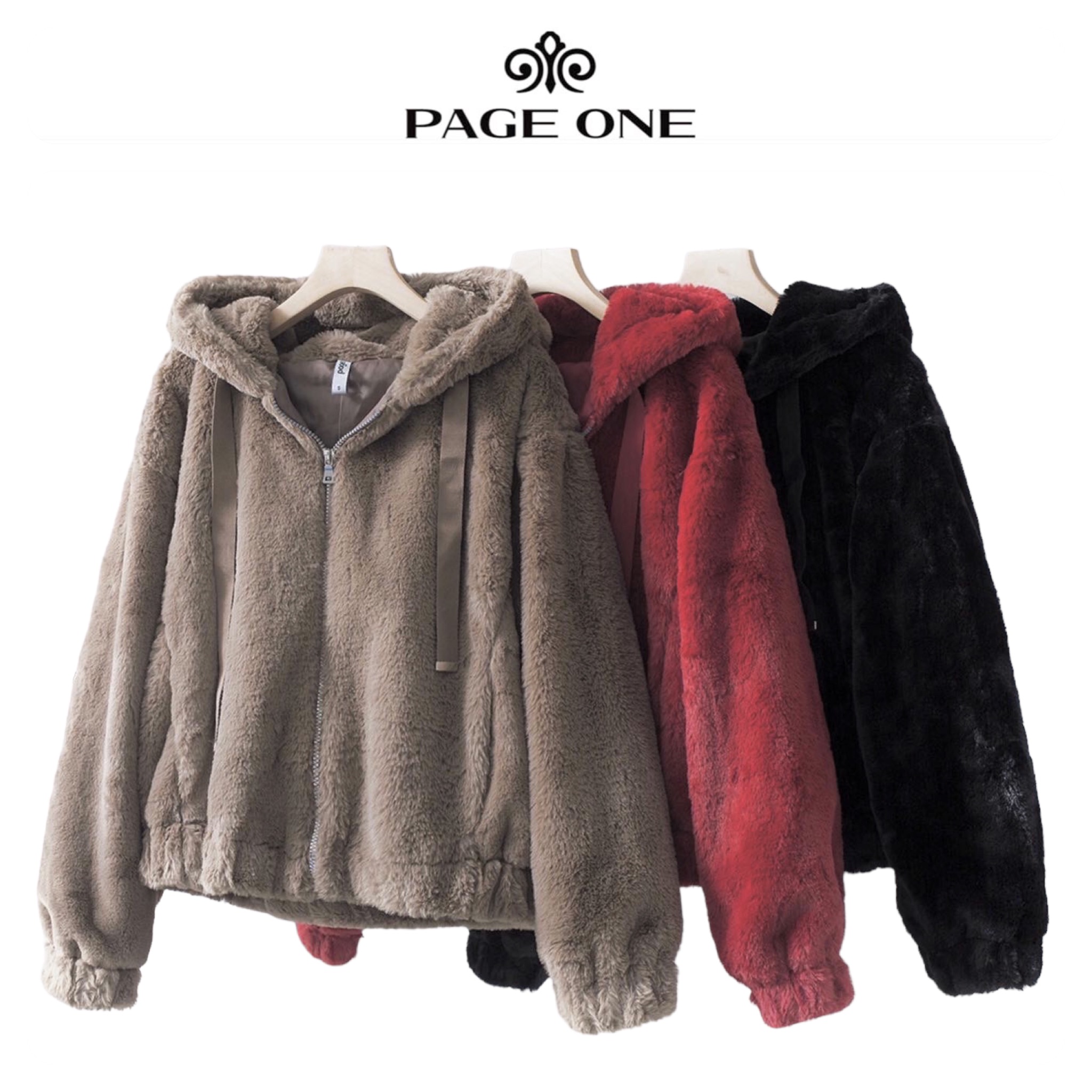 Page one เสื้อเฟอร์กันหนาว หมวกฮู้ด เสื้อขน Fluffy coat แบรนด์ page One ดำ