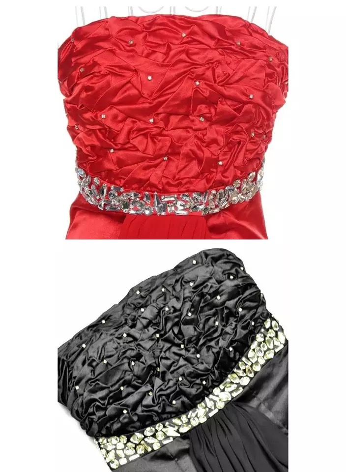 เดรสเกาะอกแต่งผ้าชีฟอง ติดเพชร เนื้อผ้าลื่นมัน เกรดไฮโซ สวยเปรี้ยว 2 สี:แดง /ดำ