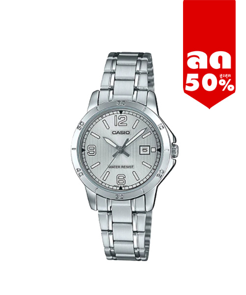 CASIO นาฬิกาคาสิโอ นาฬิกาข้อมือ นาฬิกากันน้ำ นาฬิกาของแท้ ประกันศูนย์ CMG 1 ปี รุ่น LTP-V004D-7B2 นาฬิกาสีเงิน