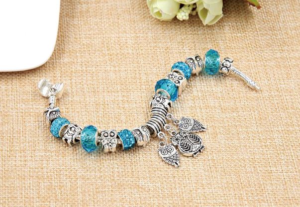 สร้อยข้อมือ Diy สร้อยข้อมือ สไตล์ pandora ห้อย จี้ นกฮูก สัญลักษณ์ ของโชคดี คริสตรัล ชมพู ฟ้า ม่วง 920241