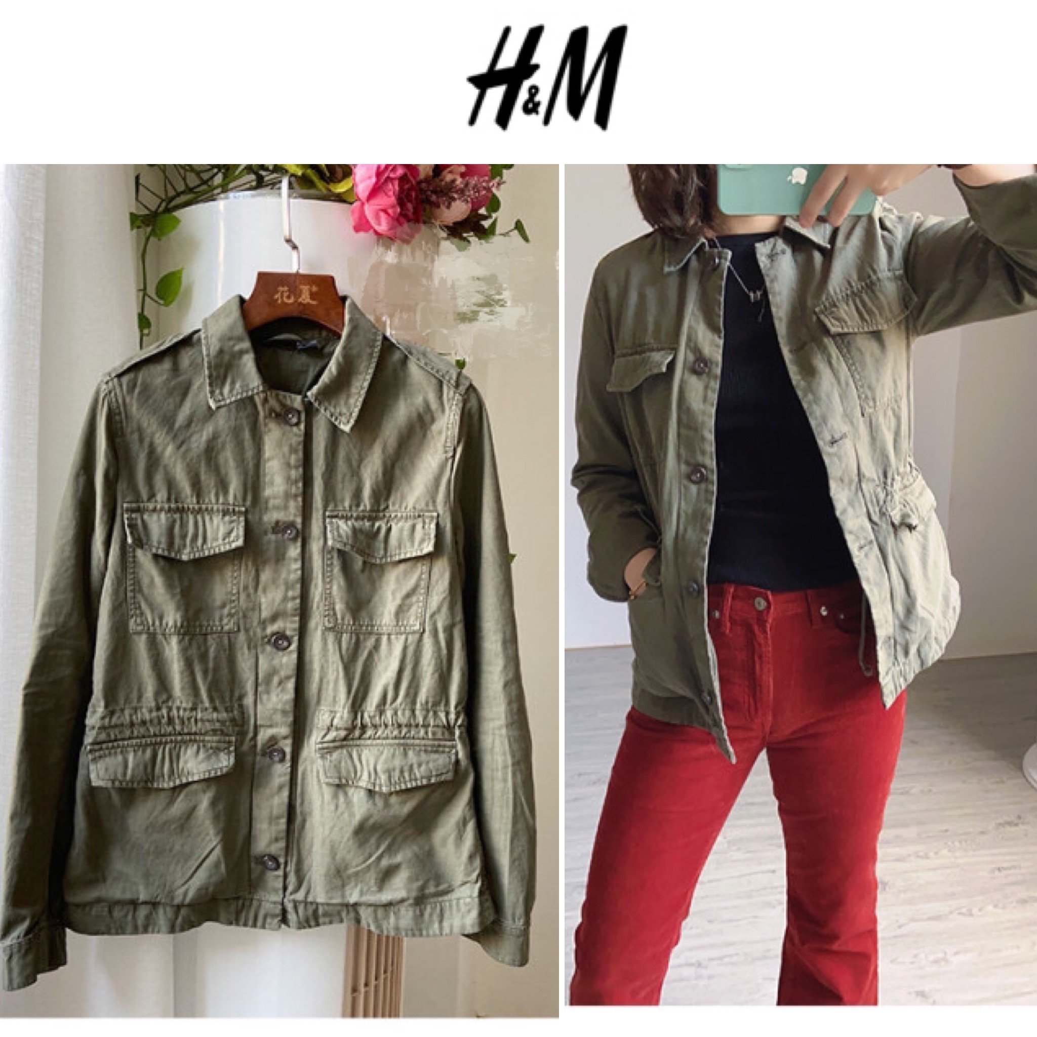 H&m เสื้อทหาร เสื้อฮู้ดเขียวทหาร เสื้อนอกแนวทหาร H&M (ตัดป้าย) แพทเทินสวย เท่ห์มาก คะ Size M สำเนา เขียว