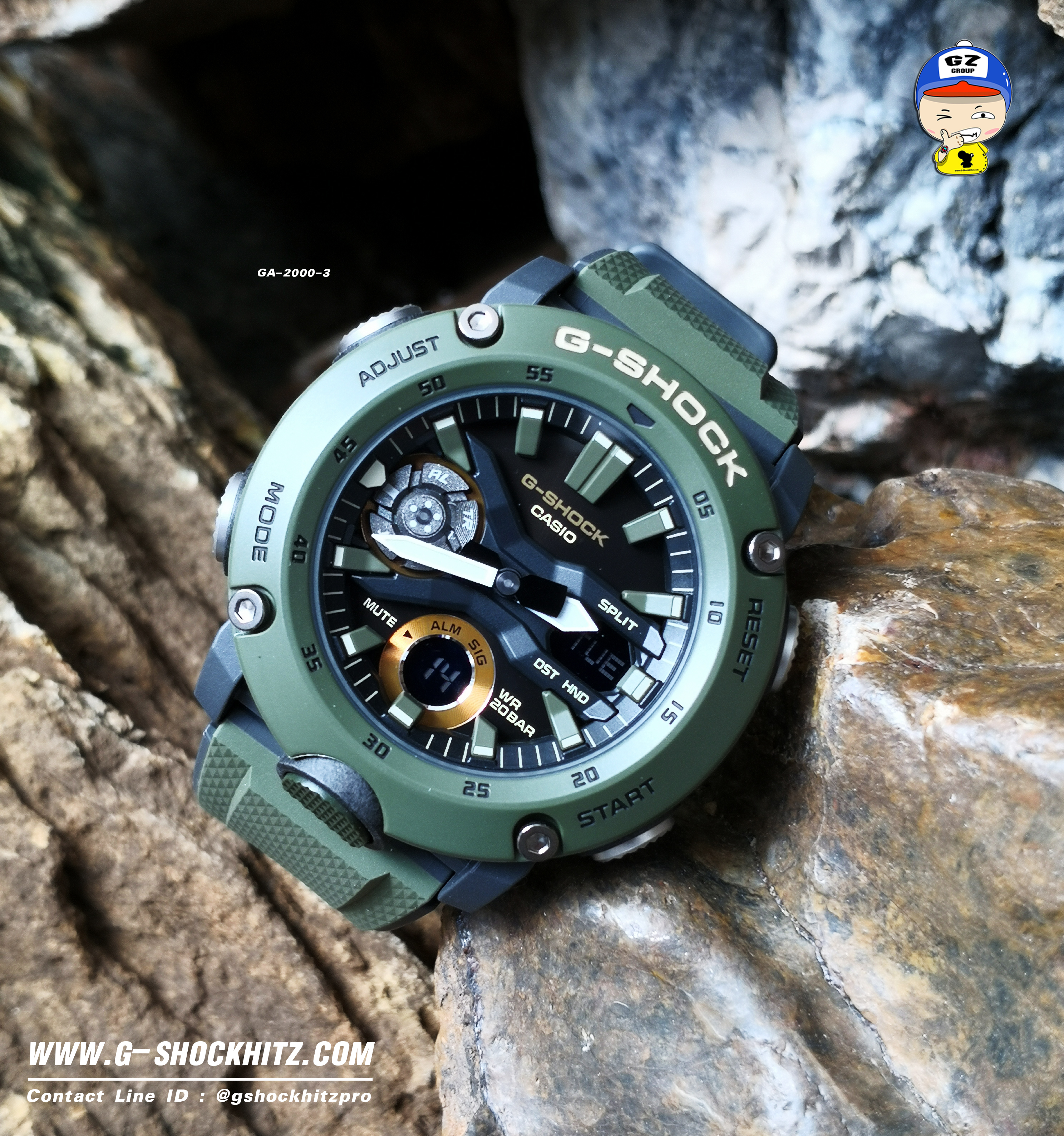 CASIO G-SHOCK นาฬิกาข้อมือ นาฬิกากันน้ำ นาฬิกาของแท้ ประกันศูนย์ CMG 1 ปี รุ่น GA-2000-3A นาฬิกาสีเขียว