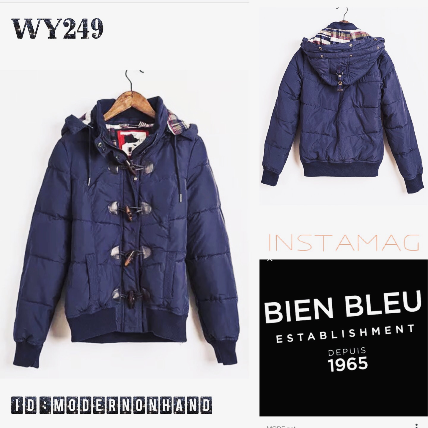 เสื้อกันหนาว เสื้อหนาวบุนวม สีเขียวทหาร แบรนด์เนม BIEN BLEU ติดหมวกฮูท แต่งกระดุมไม้ Size S/L