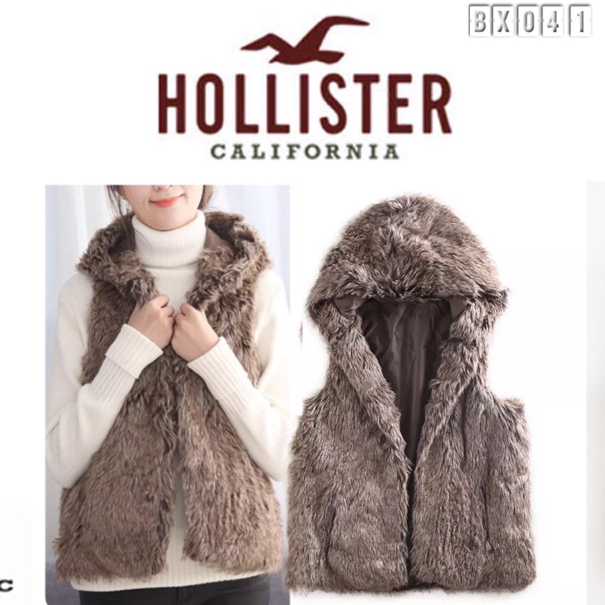 เสื้อกั๊ก กันหนาว หมวกฮูท แต่งขนอุ่น สีน้ำตาล brandname HOLLISTER แท้ 100% เนื้อขนลื่น นุ่มสวยหรู สัมผัสนุ่มสุดๆ ไม่มีปัญหาขนร่วงเลยคะ