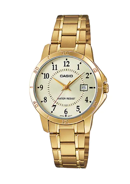 CASIO นาฬิกาคาสิโอ นาฬิกาข้อมือ นาฬิกากันน้ำ นาฬิกาของแท้ ประกันศูนย์ CMG 1 ปี รุ่น LTP-V004G-9B นาฬิกาสีทอง