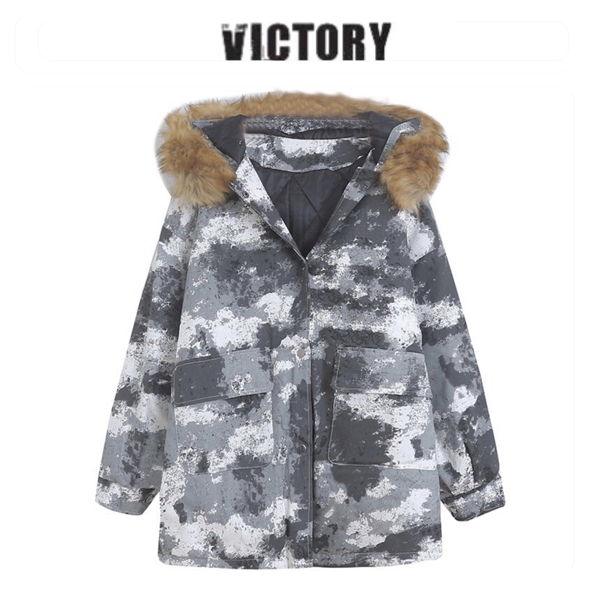Victory เสื้อกันหนาว เสื้อฮู้ดเฟอร์ บุนวมอุ่น แบรนด์ victory over siZe bomber jacket (ขนเฟอร์ถอดได้ค่ะ) ลายพราง