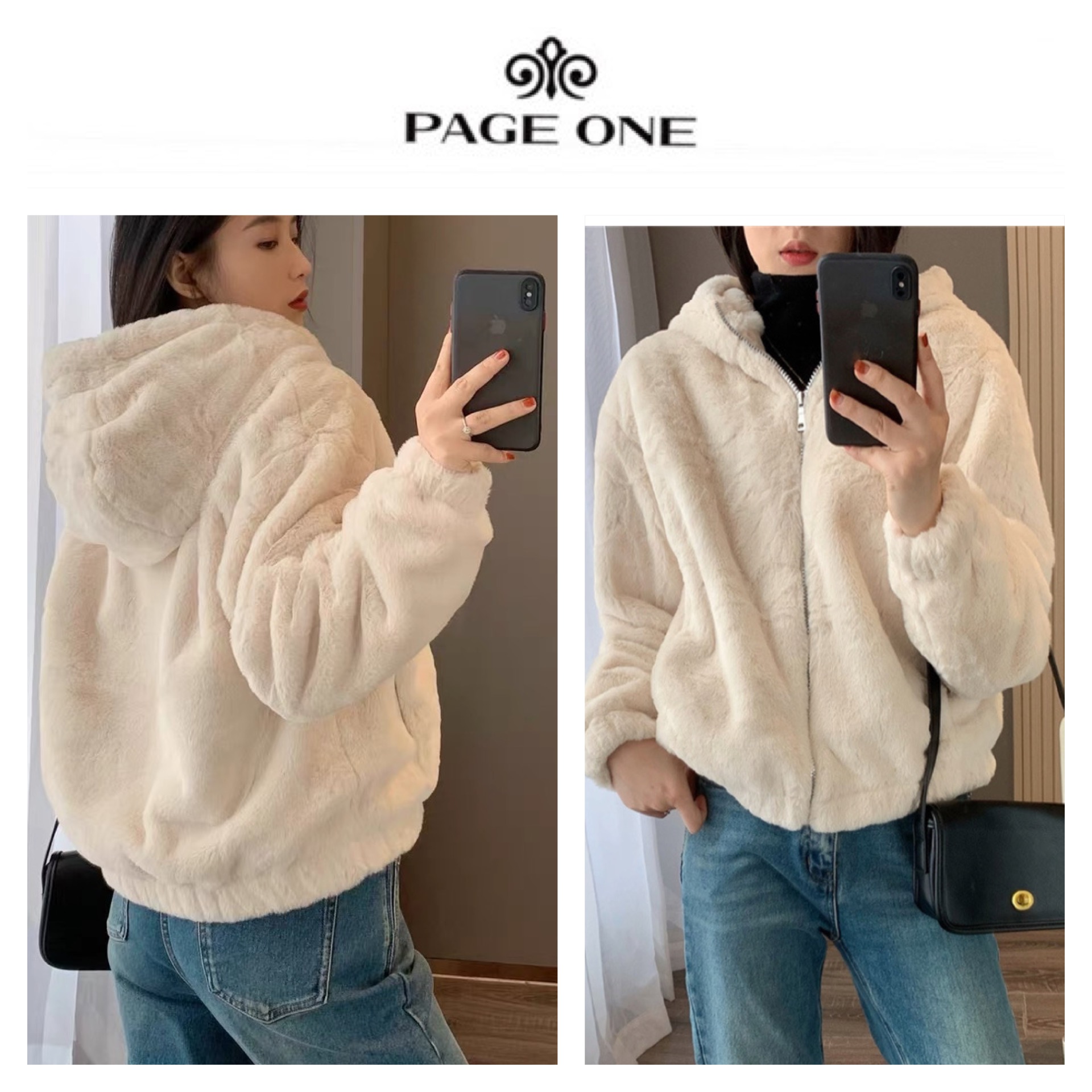 Page one เสื้อเฟอร์กันหนาว หมวกฮู้ด เสื้อขน Fluffy coat แบรนด์ page One สำเนา ดำ