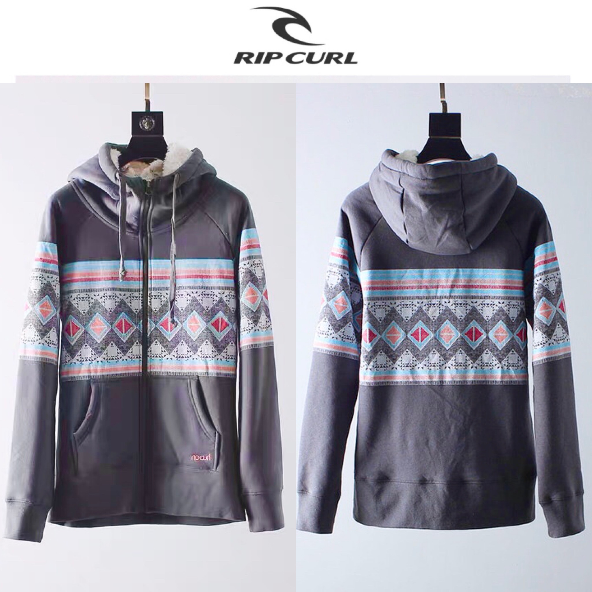 Rip Curl เสื้อวอร์ม เสื้อกันหนาว หมวกฮู้ดสีเทา ซับขนอุ่นสีขาว แบรนด์ Rip Curl เทา