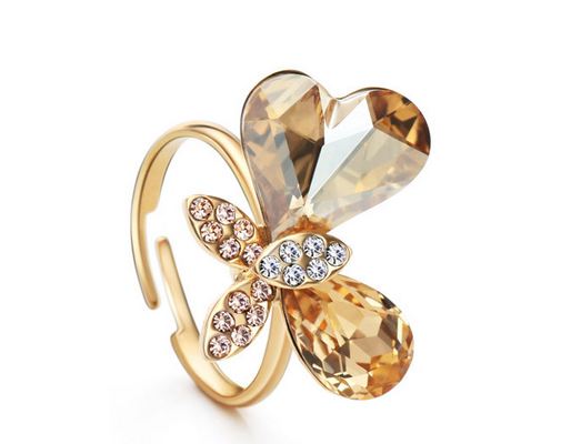 แหวนทอง 14 K ติดคริสตัล Swarovski แท้ ออกแบบ เป็น ผีเสื้อ สีน้ำตาลทอง ติดเพชร CZ AAA แหวนคริสตัล ปรับ Size ของขวัญให้แฟน 835223