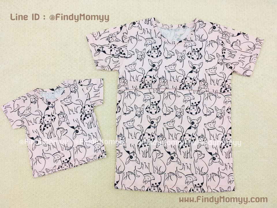 เสื้อยืดให้นมแบบเปิดหน้า คอกลม ลายน้องหมาพื้นชมพูเบจ มี3ไซส์