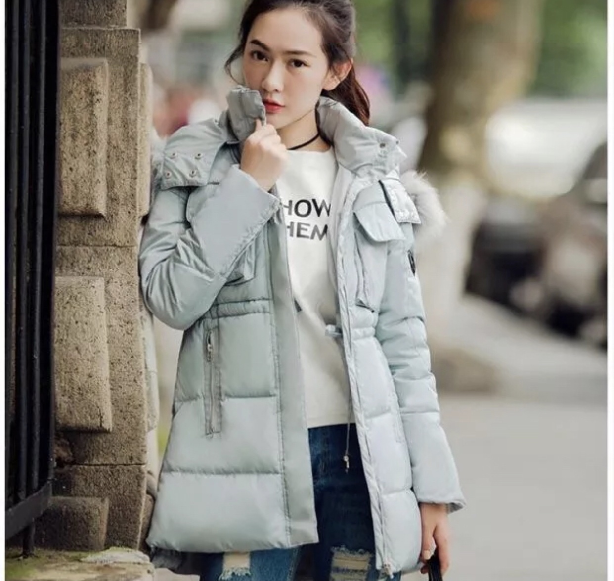 เสื้อกันหนาว เสื้อขนเป็ด🐥 แต่งเฟอร์ สีฟ้าเทา แบรนด์แคนนาดา หรู แพทเทินสวย งานเกรดพรีเมี่ยมมากๆคะ