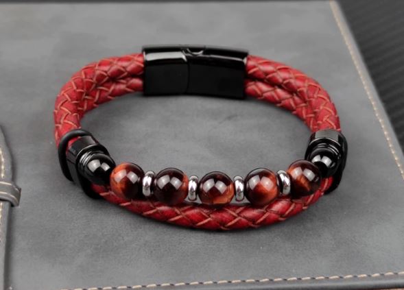สร้อยข้อมือ ผู้ชาย หิน ธรรมชาติ ผสมผสาน กับหนังแท้ หนังถัก หินสีน้ำตาล tiger eyes แบบเท่ ดีไซน์สวย 211928