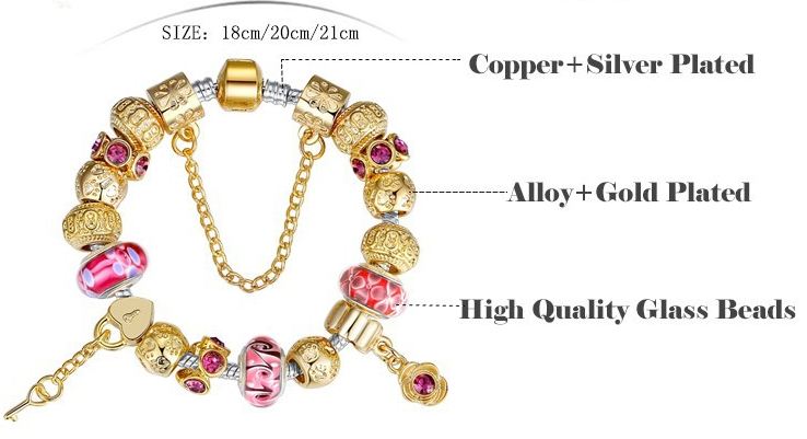 สร้อยข้อมือ Diy สไตล์ Pandora สร้อยข้อมือ แต่ง ชาร์ม ลายทองโบราณ สลับ กุญแจ หัวใจ สวยหรู มีระดับ ติดพลอย สีม่วง คริสตัลแท้ ออสเตเรีย ของขวัญแบบหรู 67203