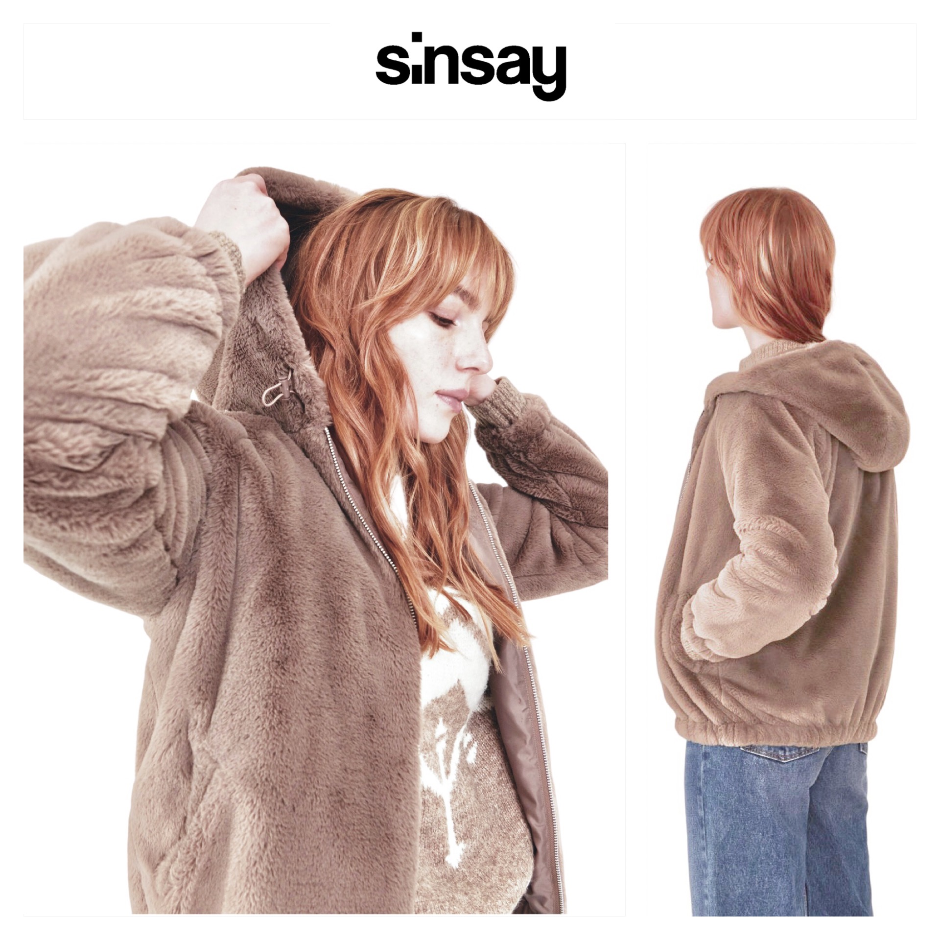Sinsay เสื้อเฟอร์กันหนาว หมวกฮู้ด เสื้อขน Fluffy coat แบรนด์ SINSAY น้ำตาล