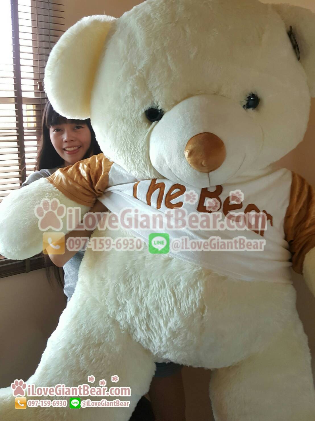 Big Bear ตุ๊กตาหมียักษ์ ใส่เสื้อ สีขาวครีม (ตากลม) ขนาด 1.8 เมตร อ้วน ตัวใหญ่ยักษ์ ขนนุ่มมากๆ