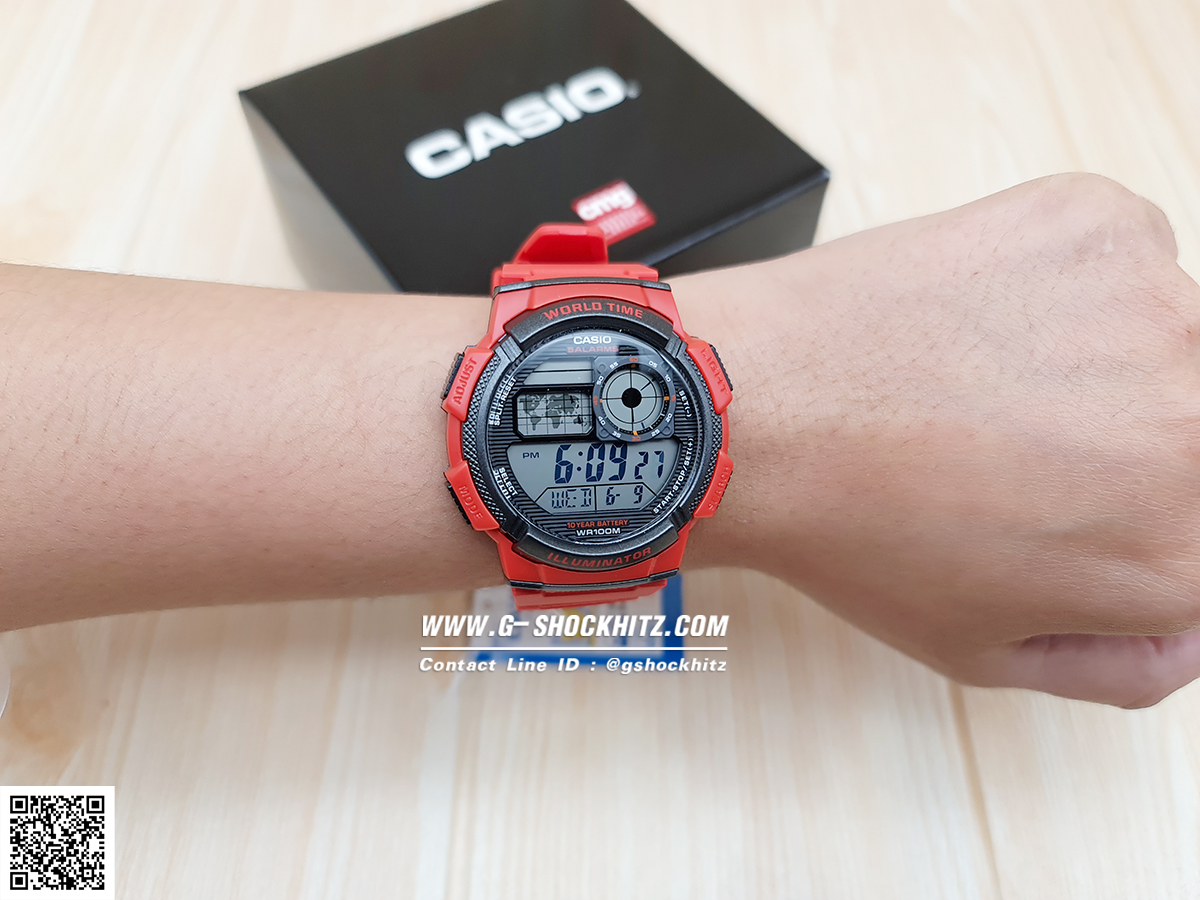 CASIO นาฬิกาคาสิโอ นาฬิกาข้อมือ นาฬิกากันน้ำ นาฬิกาของแท้ ประกันศูนย์ CMG 1 ปี รุ่น AE-1000W-4A นาฬิกาสีแดง