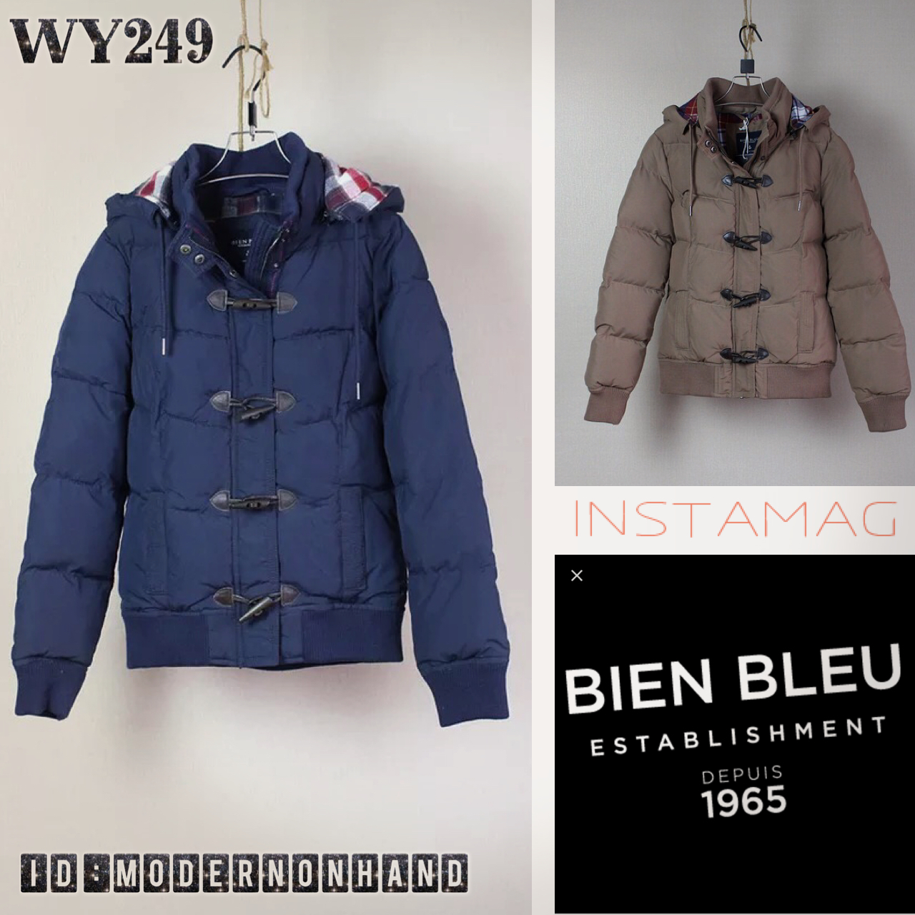 เสื้อกันหนาว เสื้อหนาวบุนวม สีเขียวทหาร แบรนด์เนม BIEN BLEU ติดหมวกฮูท แต่งกระดุมไม้ Size S/L