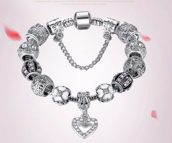 สร้อยข้อมือ Diy สไตล์ Pandora สร้อยข้อมือวัยรุ่น สไตล์ คุณหนู ร้อยเม็ด บีด สีเงิน พร้อม จี้หัวใจ ฝังเพรช CZ AAA ของขวัญพิเศษ 562367