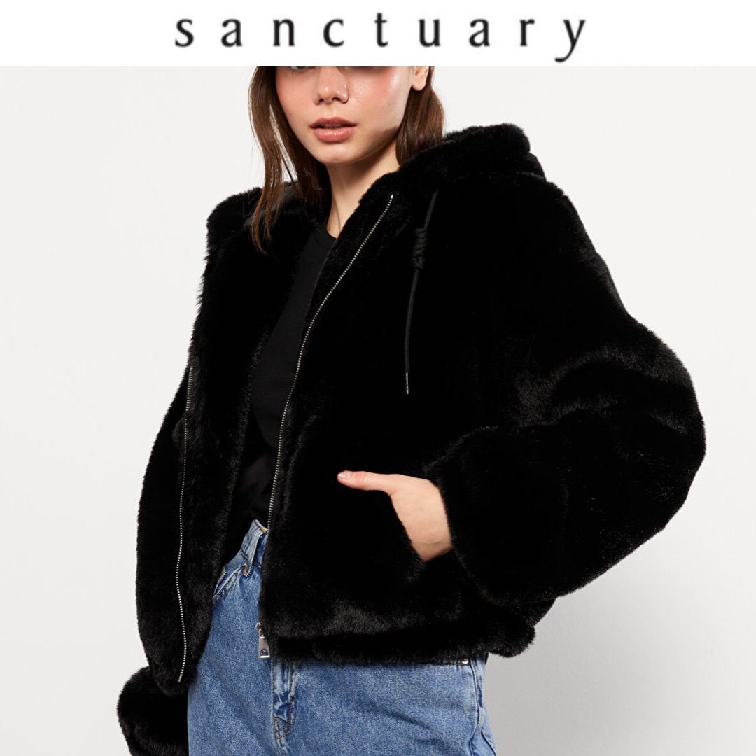 915 เสื้อเฟอร์กันหนาว หมวกฮู้ด เสื้อขน Fluffy hooded jacket แบรนด์ SANCTUARY ขาว