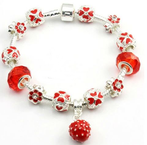 สร้อยข้อมือ Diy สไตล์ Pandora กำไลข้อมือ ร้อย Glass Bead สีแดง คริสตัลแท้ ออสเตเรีย สีแดง ชาร์ม ดอกไม้ ห้อยจี้ สตอเบอรี่ 448659