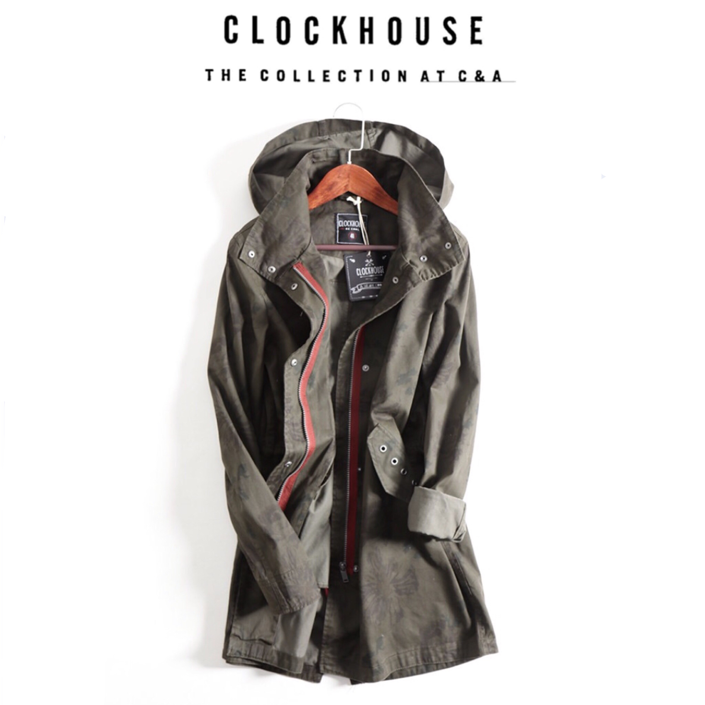 Clockhouse เสื้อฮูท เสื้อคลุมเขียวทหาร เนื้อผ้าลายดอก ในตัว แบรนด์ CLOCKHOUSE By C&A งานสวย แนวมากคะ เขียวทหาร