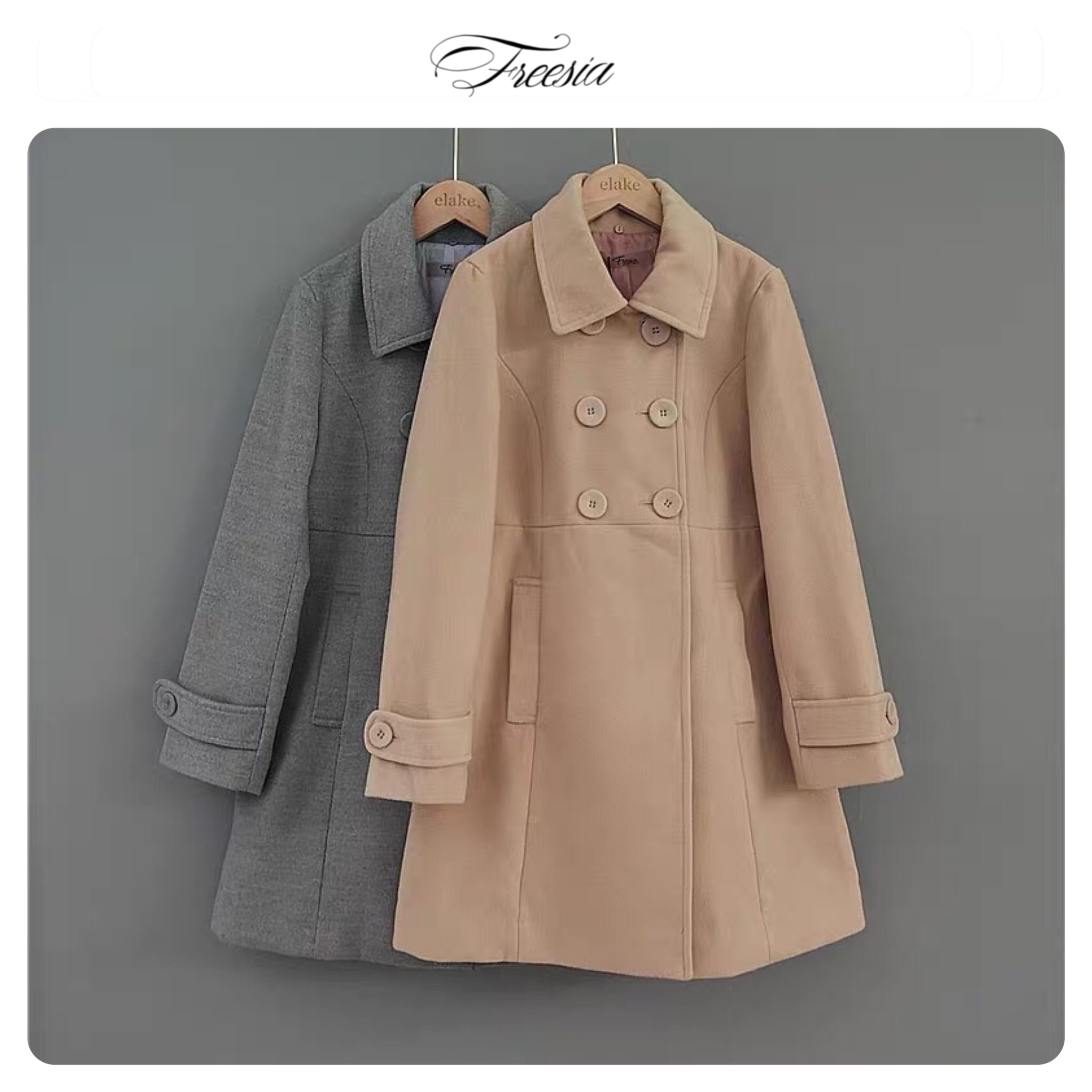 Freesia เสื้อโค้ท เสื้อกันหนาว เนื้อผ้าสักหลาดวูล สีเทา แต่งกระดุมแถบ สองแถว แบรนด์ Freesia เทา
