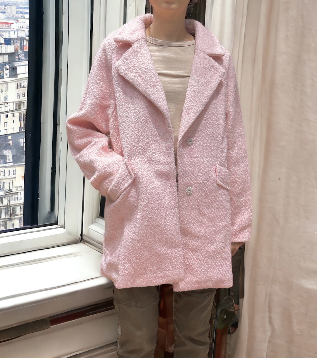 เสื้อโค้ท peacoat เสื้อโค้ทเฟอร์ โค้ทสักหลาดสีชมพูอ่อน แบรนด์ La'babite สำเนา สำเนา สำเนา สำเนา