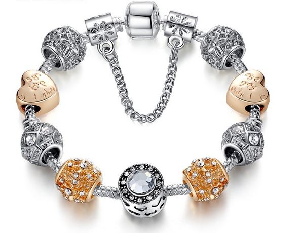 สร้อยข้อมือ Diy สไตล์ Pandora สร้อยข้อมือ วัยรุ่น ไฮโซ ร้อย บีด ตกแต่งด้วย คริสตัลแท้ สลับ บีด หัวใจ ของขวัญแทนใจ สุดหรู 570339