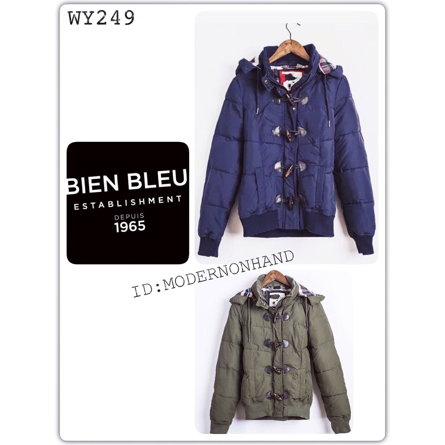 เสื้อกันหนาว เสื้อหนาวบุนวม สีเขียวทหาร แบรนด์เนม BIEN BLEU ติดหมวกฮูท แต่งกระดุมไม้ Size S/L
