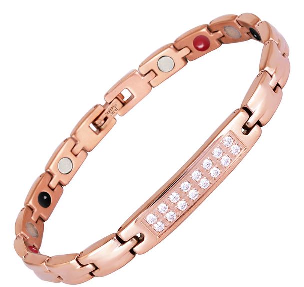 สร้อยข้อมือ สแตนเลสแท้ ฝังแม่เหล็กปรับสมดุล สร้อยข้อมือผู้หญิง สี rose gold ฝังเพชร cz เรียงแถว ใส่สวย 860160