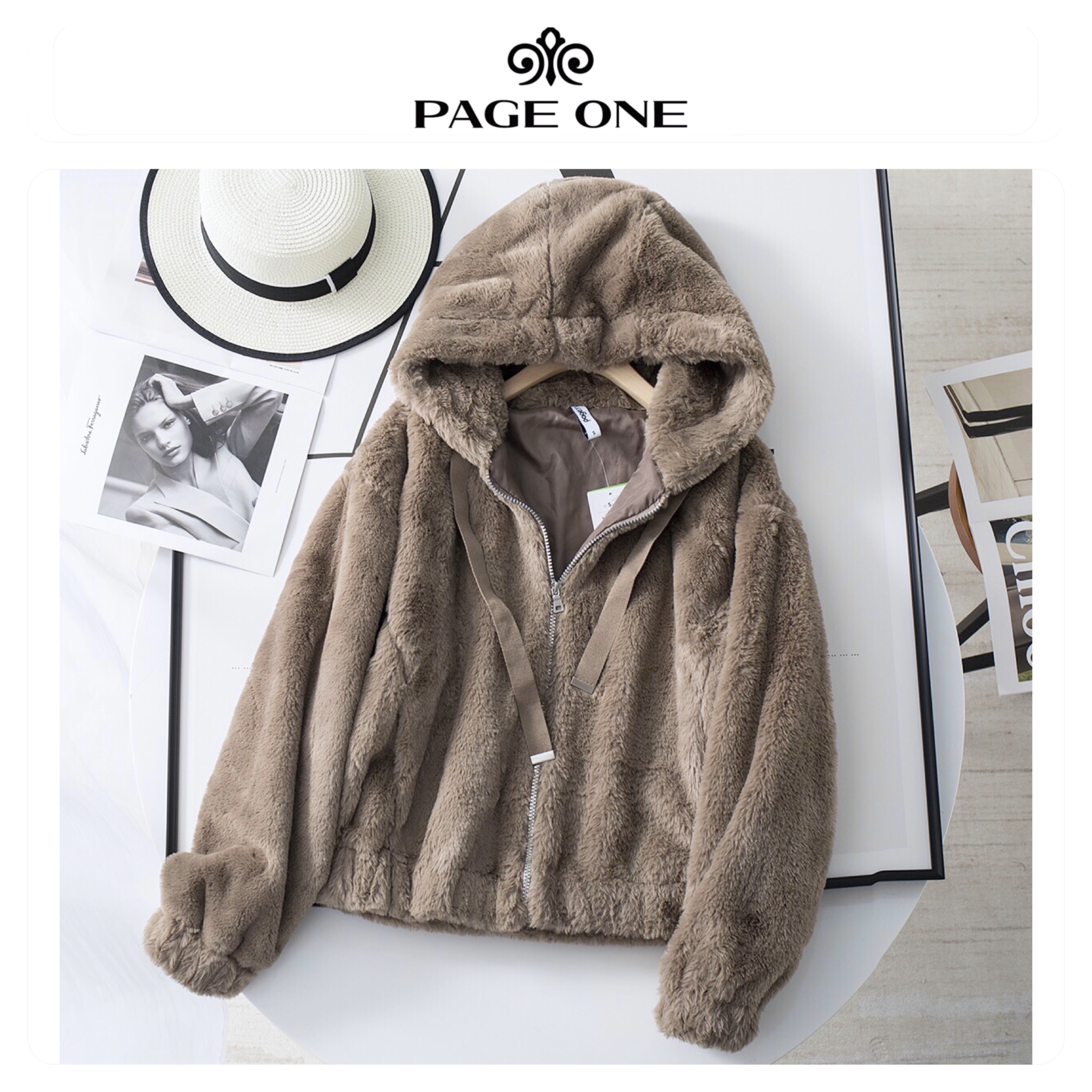 Page one เสื้อเฟอร์กันหนาว หมวกฮู้ด เสื้อขน Fluffy coat แบรนด์ page One ดำ