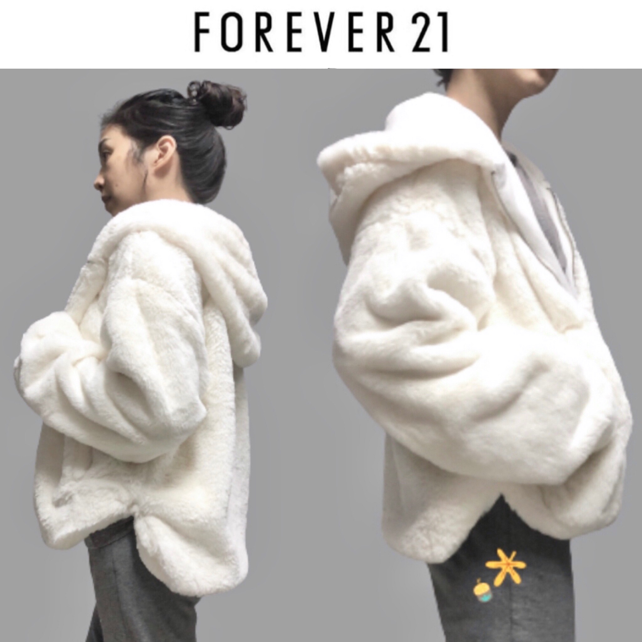 Forever21 เสื้อเฟอร์กันหนาว หมวกฮู้ด เสื้อขน แบรนด์ forever21 (FLUFFY COAT) ขาว