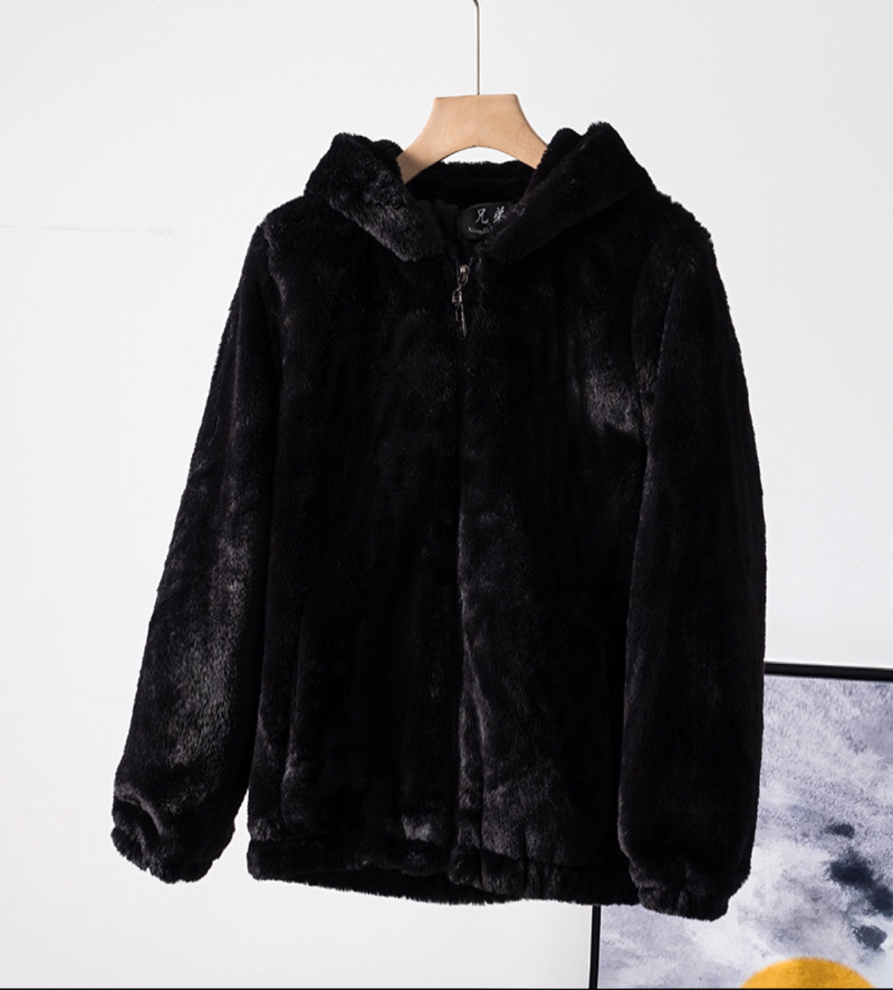Forever21 เสื้อเฟอร์กันหนาว หมวกฮู้ด เสื้อขน สีดำ (FLUFFY COAT) 兄弟 ขาว