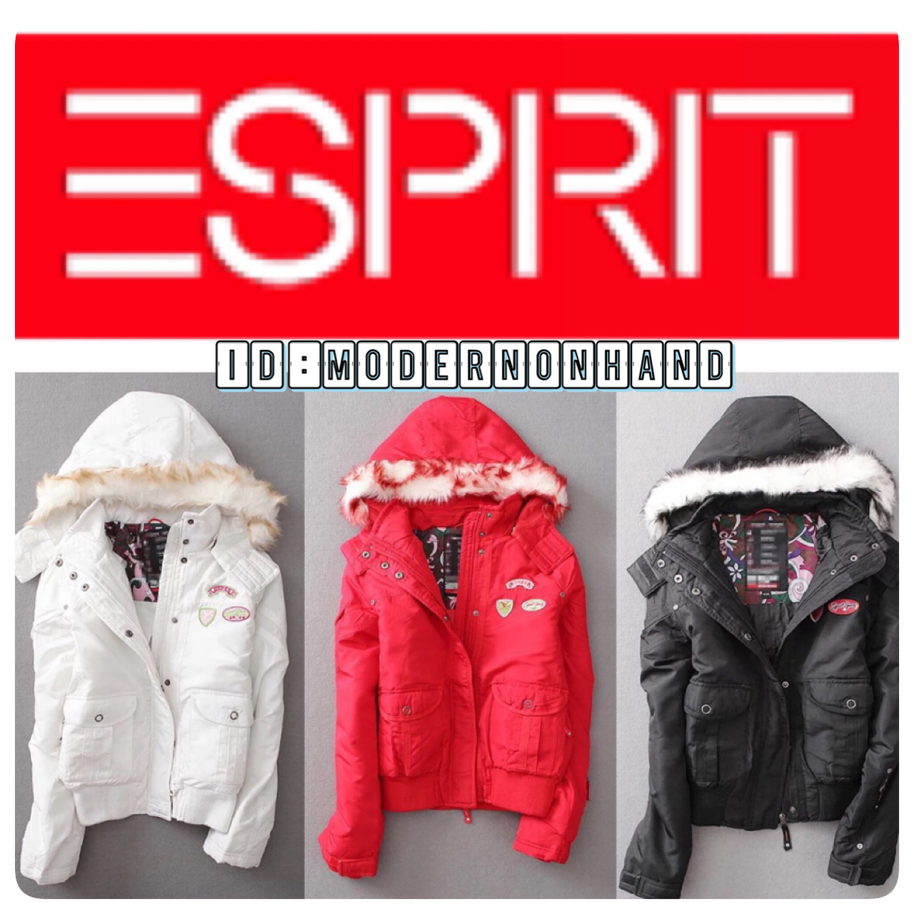 เสื้อกันหนาว แบรนด์เนม ESPRIT SPORT เสื้อหนาวบุนวม เสื้อเล่นสกี สีขาว แต่งหมวกฮูท ติดเฟอร์ปลายหมวก Size S/m/L