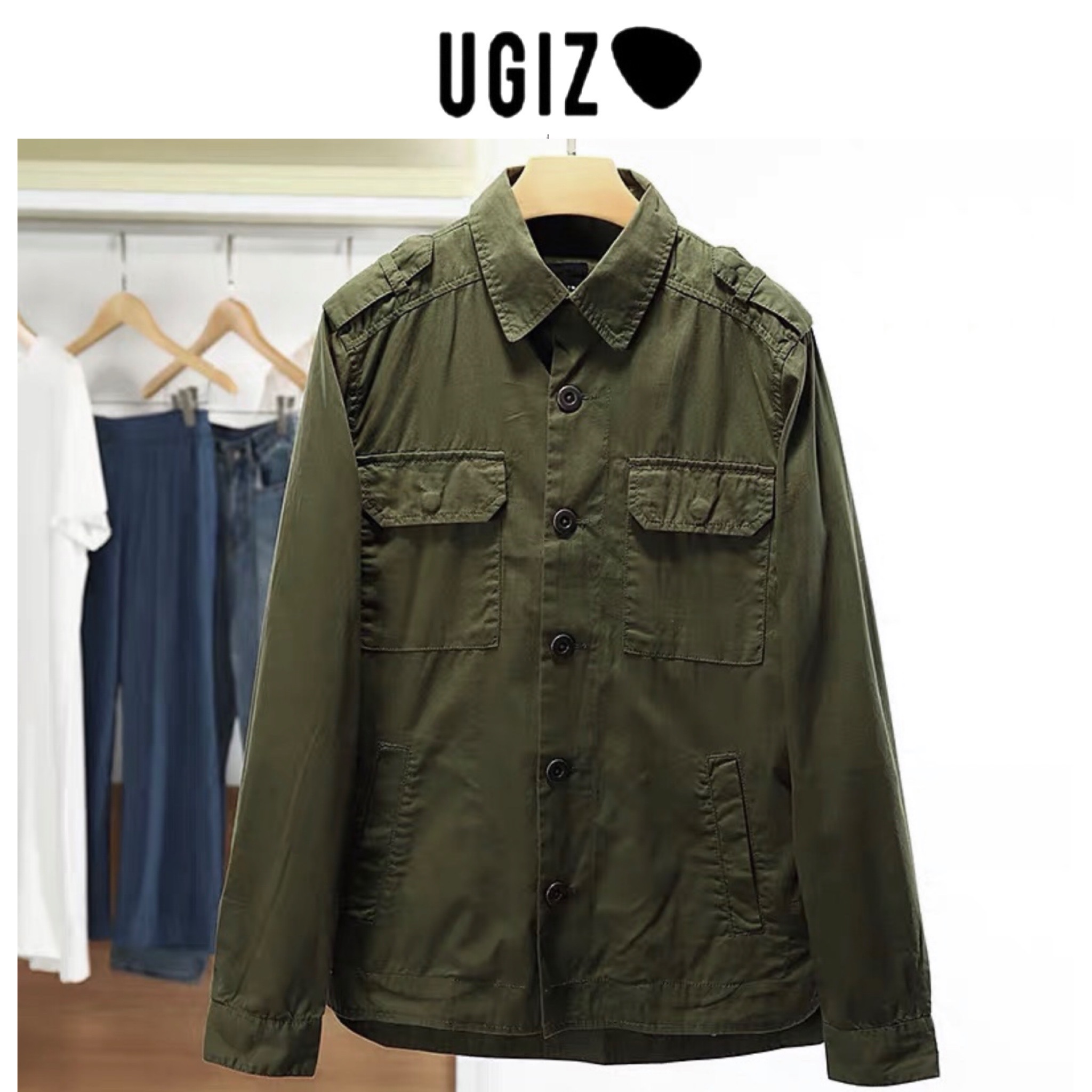 Ugiz เสื้อเขียวทหาร เสื้อเชิ้ต เสื้อนอกแนวทหาร แต่งอาร์ม แบรนด์ Ugiz แพทเทินสวย เท่ห์มาก คะ Size S/M/L/XL สำเนา เขียว
