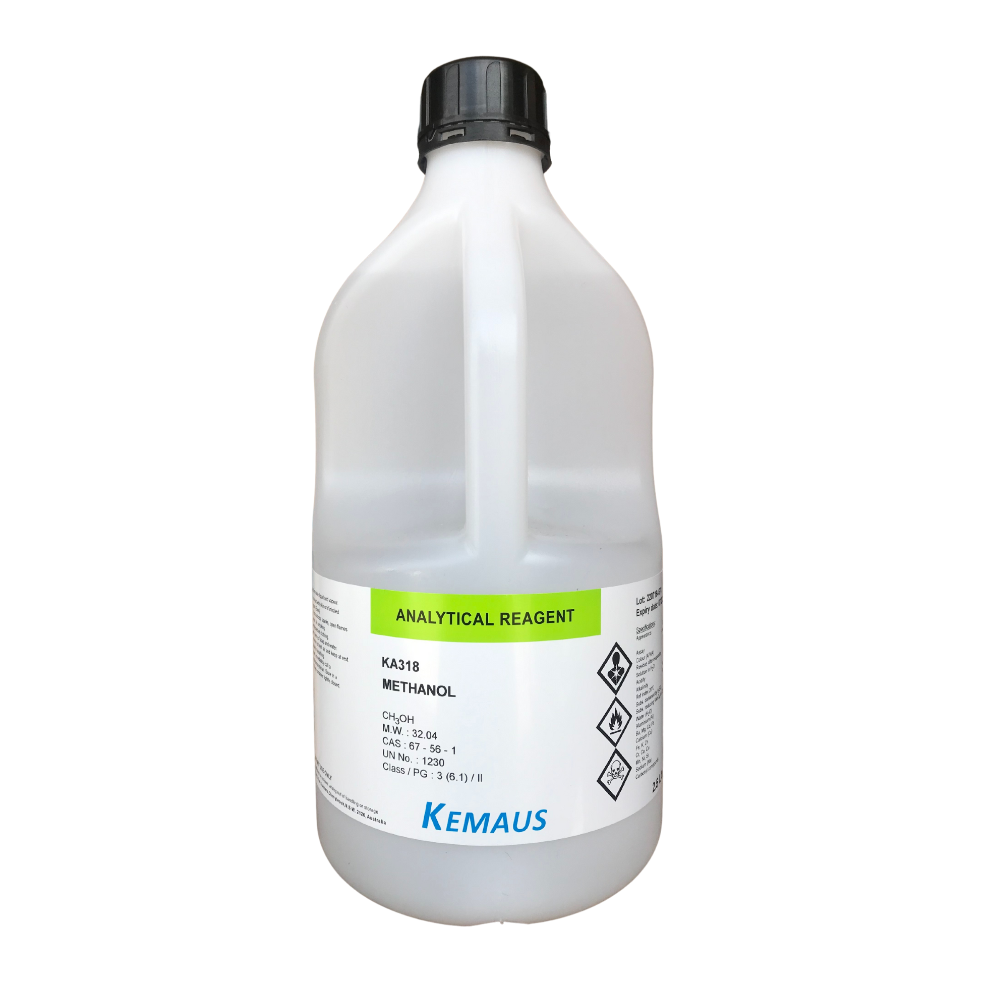 Methanol, AR 2.5 L. KemAus™ (ขวดพลาสติกมีหูจับ)