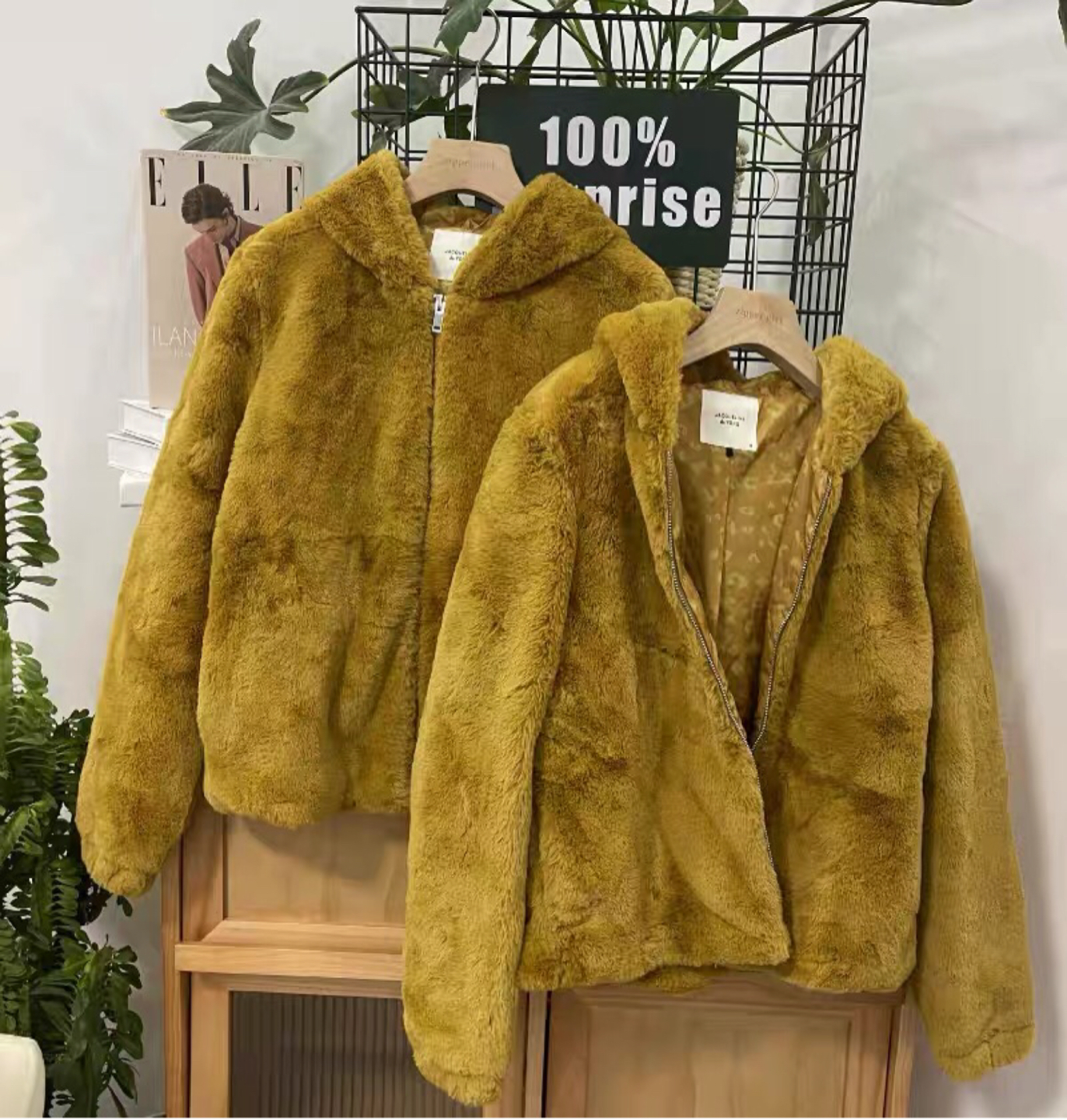 Jacqueline เสื้อเฟอร์กันหนาว หมวกฮู้ด เสื้อขน Fluffy coat แบรนด์ jacqueline เหลืองขมิ้น