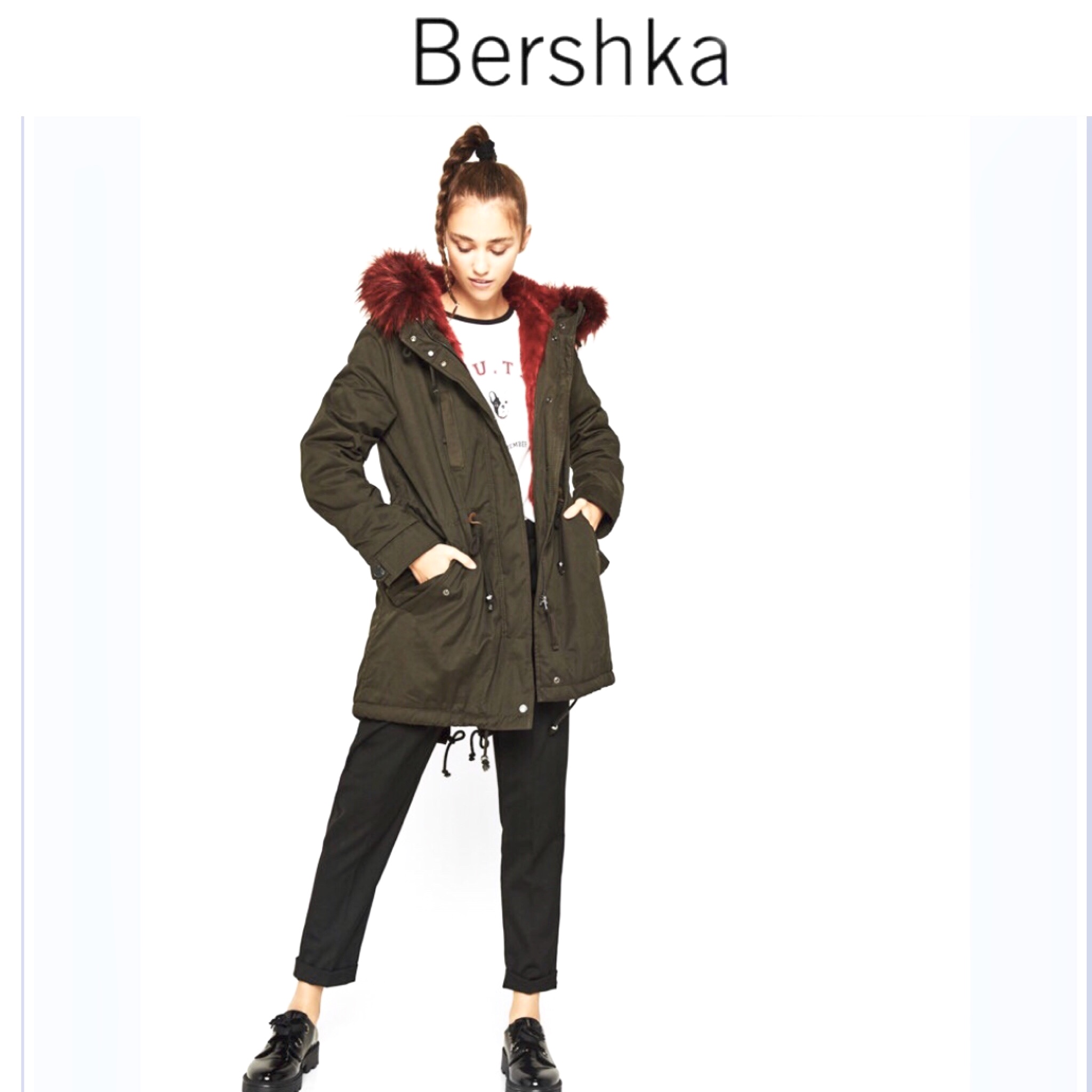 BERSHKA เสื้อโค้ท โค้ทฮูท กันหนาว เสื้อparka ฮูท กันหนาวสีเขียว แบรนด์เนมBERSHKA แต่งเฟอร์ สีแดง ซับขนอุ่นสีแดง งานสวย มากคะ Size XS/S/M/L/2L/3L เขียว เฟอร์แดง
