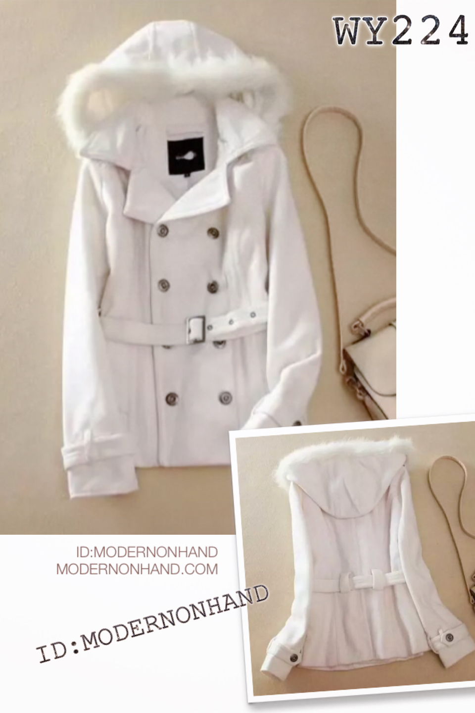 เสื้อกันหนาว เสื้อโค้ดกันหนาว สักหลาดสีขาว แบรนด์เนมCHICO'Sแต่งเข็มขัด ติดหมวกฮูทแต่งขนเฟอร์ปลายหมวก น่ารัก เนื้อผ้าหนาเนียนนุ่มSize S