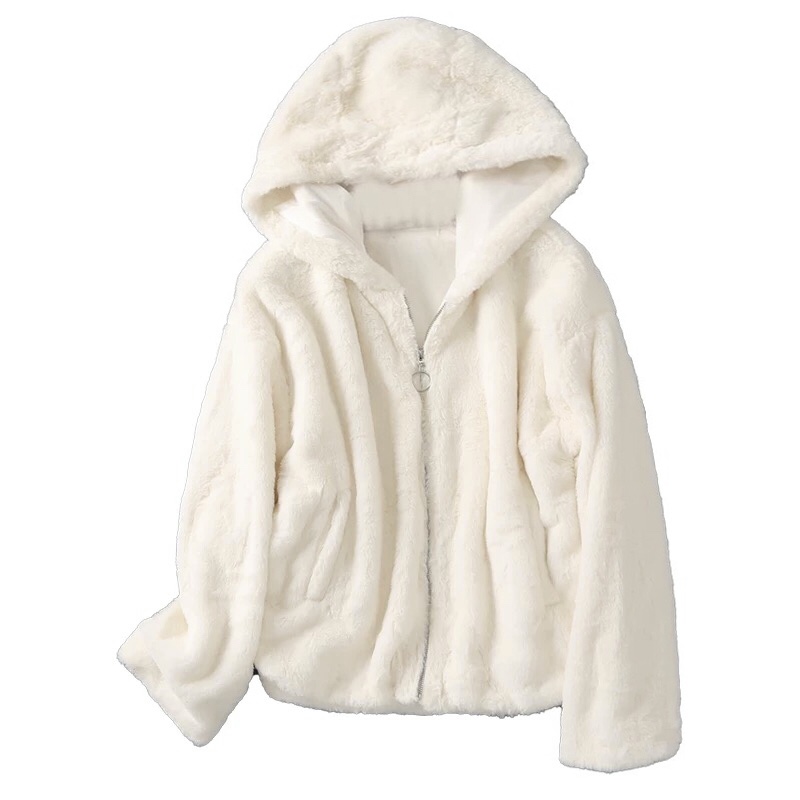 Forever21 เสื้อเฟอร์กันหนาว หมวกฮู้ด เสื้อขน แบรนด์ forever21 (FLUFFY COAT) ขาว