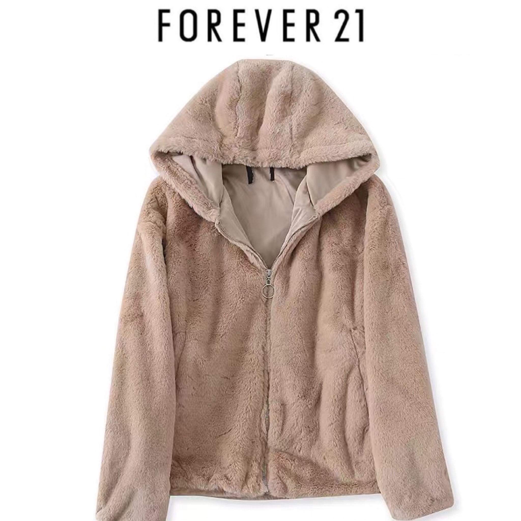 Forever21 เสื้อเฟอร์กันหนาว หมวกฮู้ด เสื้อขน แบรนด์ forever21 (FLUFFY COAT) ขาว