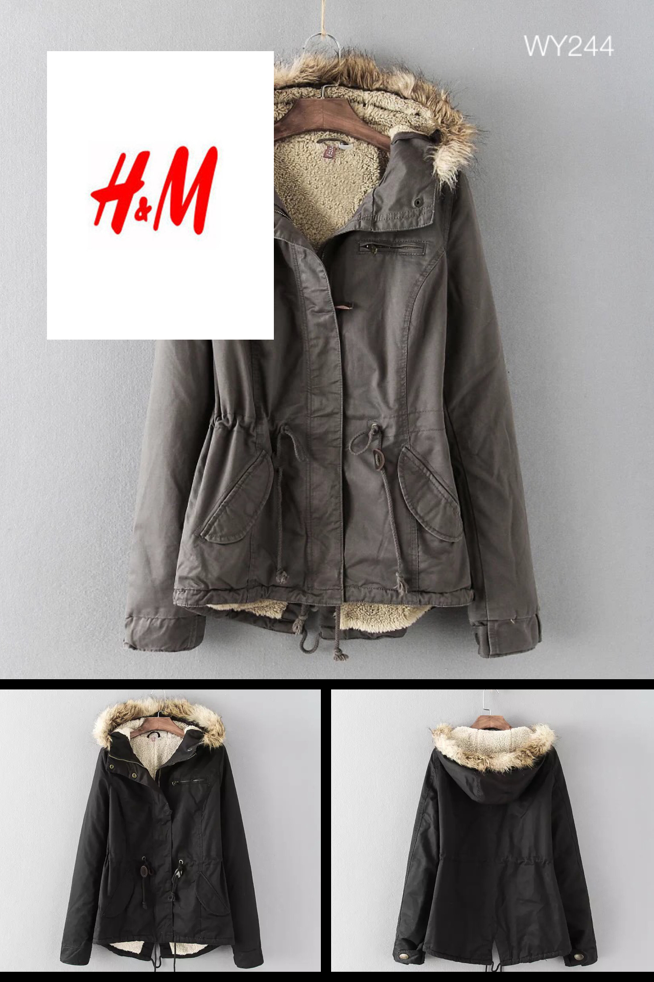 โค้ท เสื้อกันหนาว สีดำ แบรนด์เนม H&M แต่งหมวกฮูท บุขนอุ่นสีขาวด้านใน แต่งขนเฟอร์ขอบหมวก แพทเทินสวย งานหรู อุ่น มากคะ size S/M/L/XL/XXL