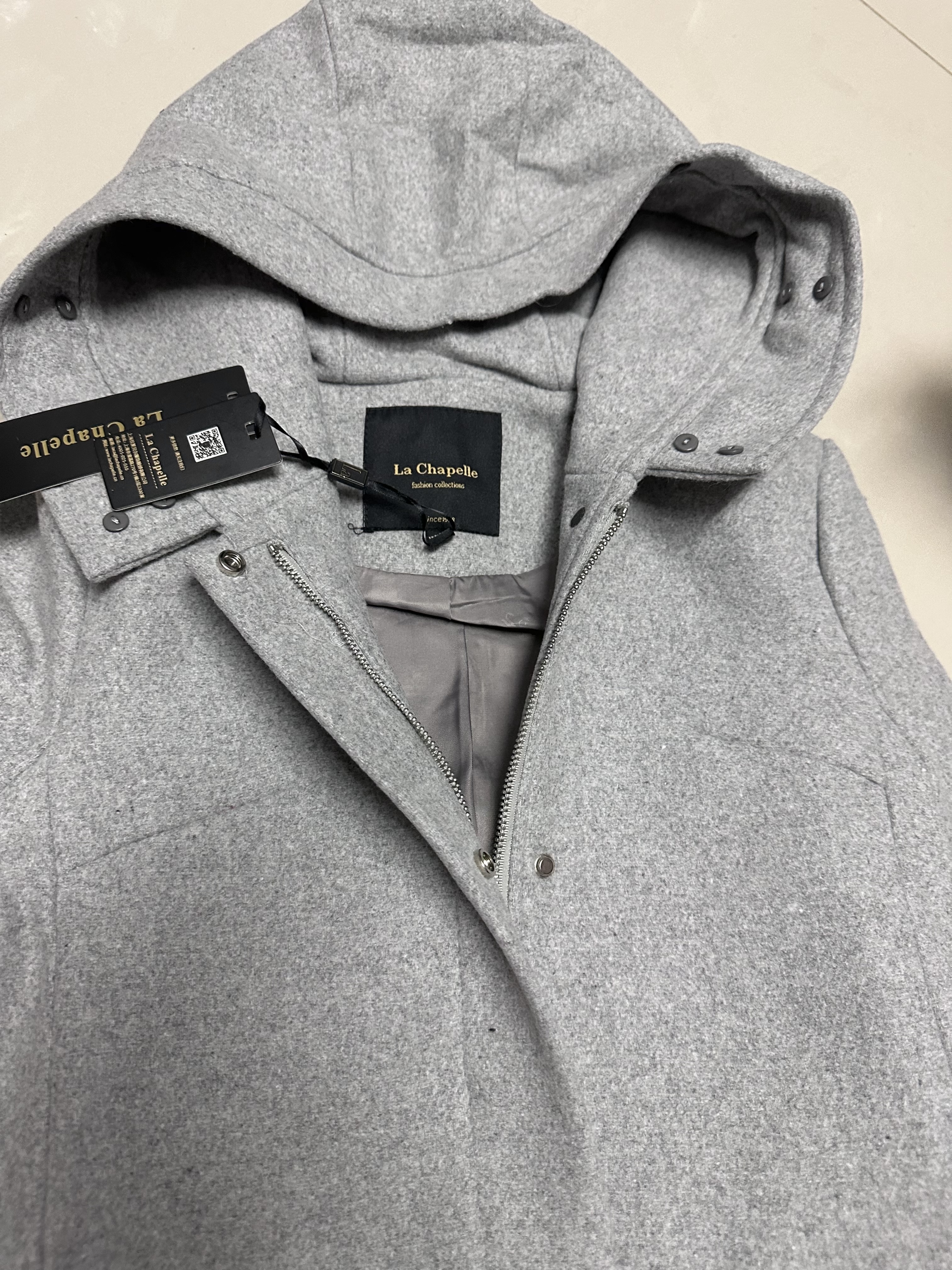 เสื้อโค้ท peacoat เสื้อโค้ทเฟอร์ โค้ทสักหลาดสีเทาอ่อน แบรนด์ La chapelle