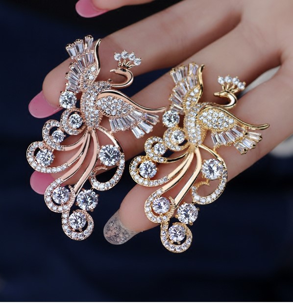 เข็มกลัดเพชร CZ 5A เข็มกลัดนกยูง รำแพน ฝังเพชร สีเงิน ทอง Rose gold ติดเสื้อ ออกงานหรู สวยงาม 668989